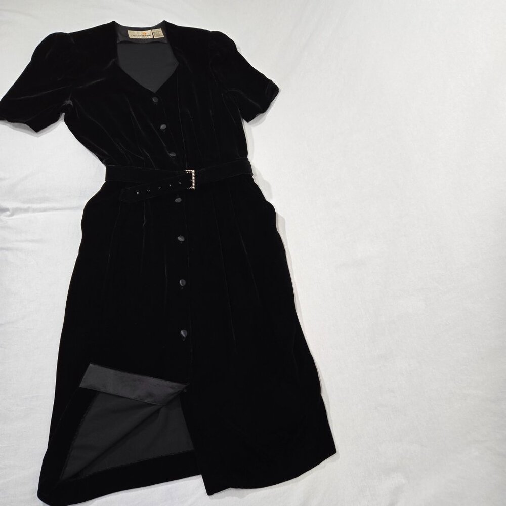 VINTAGE Academia Y2K Sirencore BLACK VELVET Pocket Belt Midi Dress Women Size 10 - Picture 7 of 16
